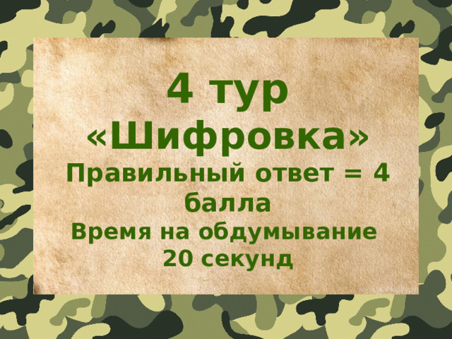 4 тур «Шифровка» Правильный ответ = 4 балла Время на обдумывание 20 секунд  