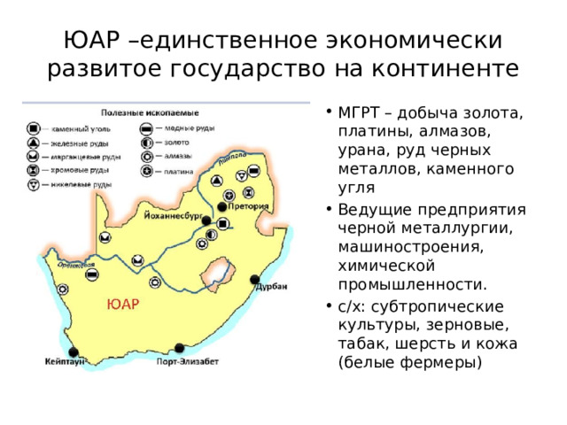 ЮАР –единственное экономически развитое государство на континенте МГРТ – добыча золота, платины, алмазов, урана, руд черных металлов, каменного угля Ведущие предприятия черной металлургии, машиностроения, химической промышленности. с/х: субтропические культуры, зерновые, табак, шерсть и кожа (белые фермеры) 