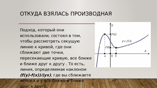 Откуда взялась производная Подход, который они использовали, состоял в том, чтобы рассмотреть секущую линию к кривой, где они сближают две точки, пересекающие кривую, все ближе и ближе друг к другу . То есть, линия, определяемая наклоном (f(y)-f(x))/(yx) , где вы сближаете точки x и y все ближе и ближе друг к другу. 