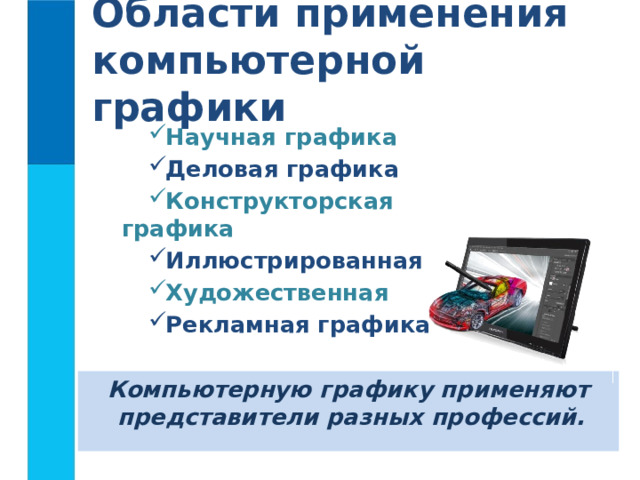 Области применения компьютерной графики Научная графика Деловая графика Конструкторская графика Иллюстрированная Художественная Рекламная графика Компьютерную графику применяют представители разных профессий.  