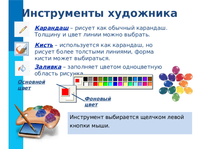 Инструменты художника Карандаш  – рисует как обычный карандаш. Толщину и цвет линии можно выбрать. Кисть – используется как карандаш, но рисует более толстыми линиями, форма кисти может выбираться. Заливка – заполняет цветом одноцветную область рисунка. Основной цвет Фоновый цвет Инструмент выбирается щелчком левой кнопки мыши. 