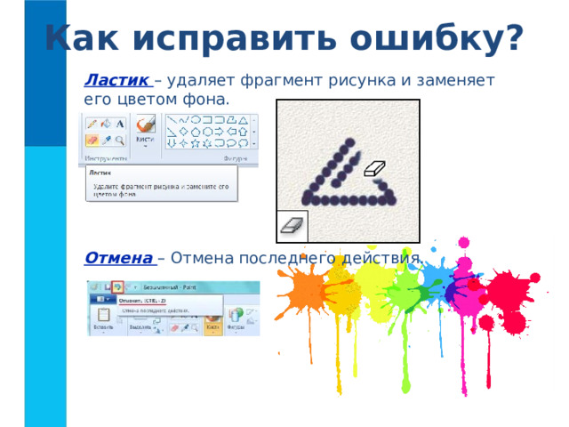Как исправить ошибку? Ластик – удаляет фрагмент рисунка и заменяет его цветом фона. Отмена – Отмена последнего действия. 