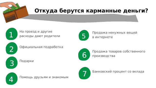 Откуда берутся карманные деньги? 1 На проезд и другие расходы дают родители Продажа ненужных вещей в интернете 5 2 Официальная подработка Продажа товаров собственного производства 6 3 Подарки 7 Банковский процент со вклада 4 Помощь друзьям и знакомым 