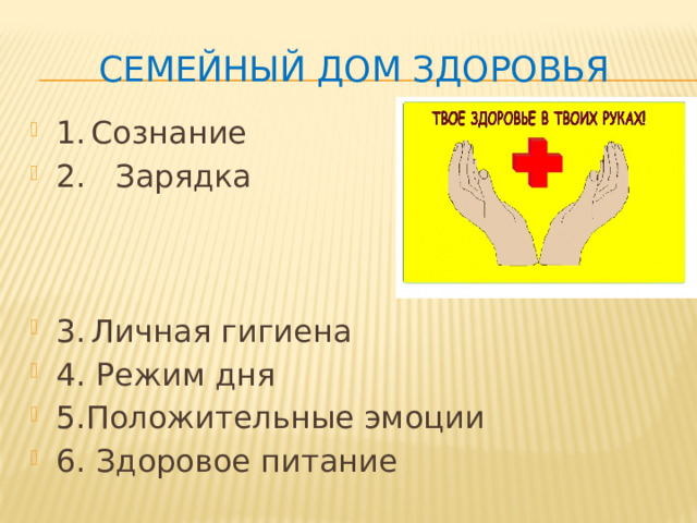 Семейный Дом ЗДОРОвья 1.  Сознание 2. Зарядка 3.  Личная гигиена 4. Режим дня 5.Положительные эмоции 6. Здоровое питание 