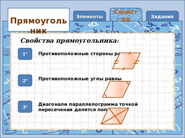 Свойства Элементы Задания Прямоугольник Свойства прямоугольника : 1° Противоположные стороны равны . 2° Противоположные углы равны Диагонали параллелограмма точкой пересечения делятся пополам 3° 