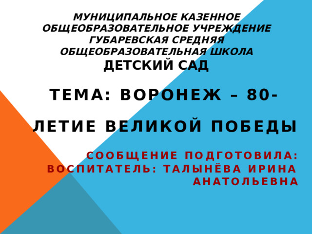 Муниципальное казенное общеобразовательное учреждение Губаревская средняя общеобразовательная школа  Детский сад   Тема: ВОРОНЕЖ – 80-летиЕ Великой Победы Сообщение подготовила: Воспитатель: Талынёва Ирина Анатольевна 