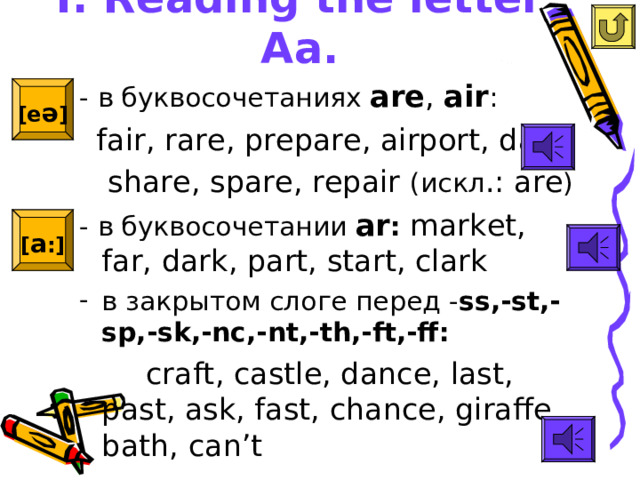 I. Reading  the letter Aa. - в буквосочетаниях are , air :  fair, rare, prepare, airport, dare,  share, spare, repair ( искл .: are ) - в буквосочетании ar : market, far, dark, part, start, clark в закрытом слоге перед - ss,-st,-sp,-sk,-nc,-nt,-th,-ft,-ff:  craft, castle, dance, last,  past, ask, fast, chance, giraffe, bath, can’t [e ə ]  [ a : ]  