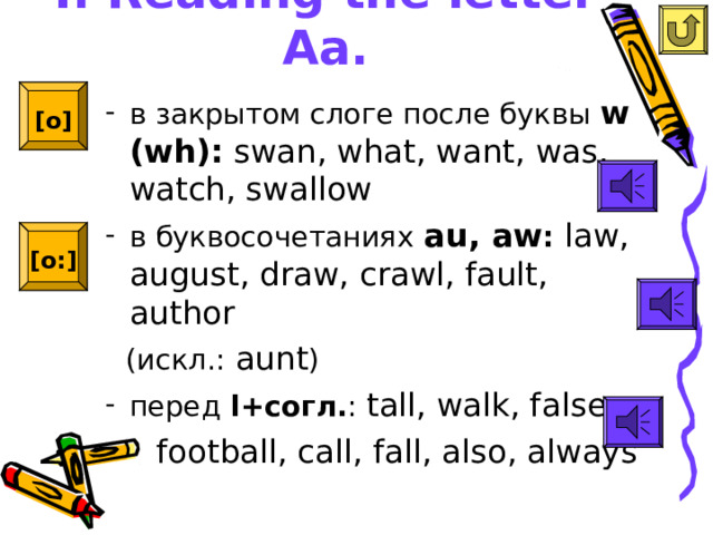 I. Reading  the letter Aa. [o]  в закрытом слоге после буквы w (wh):  swan, what, want, was, watch, swallow в буквосочетаниях  au , aw :  law, august, draw, crawl, fault, author  ( искл. :  aunt ) перед  l+ согл. : tall, walk, false,  football, call, fall, also, always [o:]  