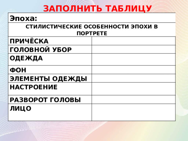ЗАПОЛНИТЬ ТАБЛИЦУ Эпоха: СТИЛИСТИЧЕСКИЕ ОСОБЕННОСТИ ЭПОХИ В ПОРТРЕТЕ ПРИЧЁСКА ГОЛОВНОЙ УБОР ОДЕЖДА ФОН ЭЛЕМЕНТЫ ОДЕЖДЫ НАСТРОЕНИЕ РАЗВОРОТ ГОЛОВЫ ЛИЦО 