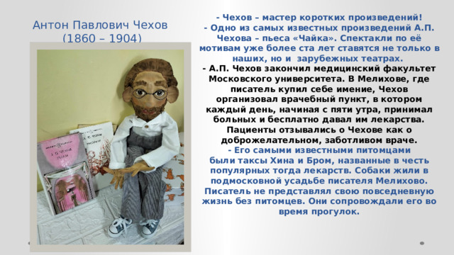 Антон Павлович Чехов  (1860 – 1904) - Чехов – мастер коротких произведений!  - Одно из самых известных произведений А.П. Чехова – пьеса «Чайка». Спектакли по её мотивам уже более ста лет ставятся не только в наших, но и зарубежных театрах.  - А.П. Чехов закончил медицинский факультет Московского университета. В Мелихове, где писатель купил себе имение, Чехов организовал врачебный пункт, в котором каждый день, начиная с пяти утра, принимал больных и бесплатно давал им лекарства. Пациенты отзывались о Чехове как о доброжелательном, заботливом враче.  - Его самыми известными питомцами были таксы Хина и Бром, названные в честь популярных тогда лекарств. Собаки жили в подмосковной усадьбе писателя Мелихово.  Писатель не представлял свою повседневную жизнь без питомцев. Они сопровождали его во время прогулок.     