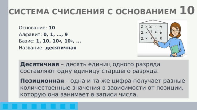 СИСТЕМА СЧИСЛЕНИЯ С ОСНОВАНИЕМ 10 Основание: 10 Алфавит: 0, 1, …, 9 Базис: 1 , 10, 10 2 , 10 3 , … Название: десятичная Десятичная – десять единиц одного разряда составляют одну единицу старшего разряда. Позиционная – одна и та же цифра получает разные количественные значения в зависимости от позиции, которую она занимает в записи числа. 