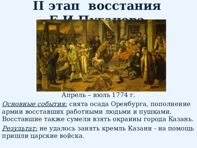 II этап восстания Е.И.Пугачева Апрель – июль 1774 г. Основные события:  снята осада Оренбурга, пополнение армии восставших работными людьми и пушками. Восставшие также сумели взять окраины города Казань. Результат:  не удалось занять кремль Казани - на помощь пришли царские войска. 