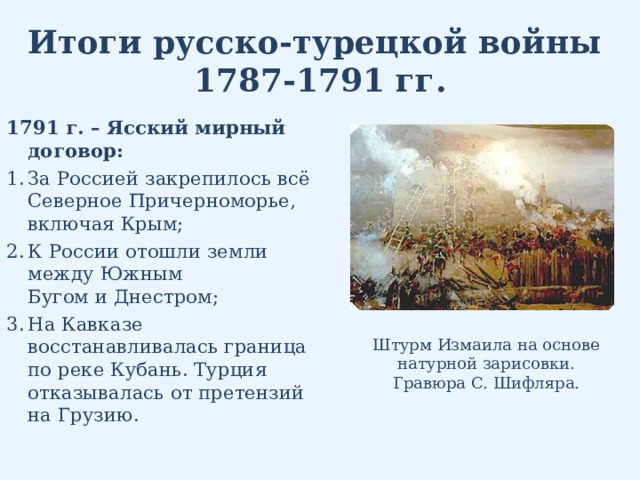 Итоги русско-турецкой войны  1787-1791 гг. 1791 г. – Ясский мирный договор: За Россией закрепилось всё Северное Причерноморье, включая Крым; К России отошли земли между Южным Бугом и Днестром; На Кавказе восстанавливалась граница по реке Кубань. Турция отказывалась от претензий на Грузию. Штурм Измаила на основе натурной зарисовки. Гравюра С. Шифляра. 