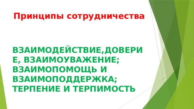 Принципы сотрудничества  ВЗАИМОДЕЙСТВИЕ,ДОВЕРИЕ, ВЗАИМОУВАЖЕНИЕ; ВЗАИМОПОМОЩЬ И ВЗАИМОПОДДЕРЖКА; ТЕРПЕНИЕ И ТЕРПИМОСТЬ 