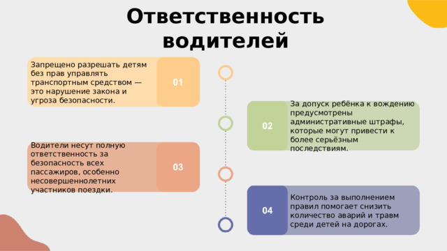  Ответственность водителей Запрещено разрешать детям без прав управлять транспортным средством — это нарушение закона и угроза безопасности. За допуск ребёнка к вождению предусмотрены административные штрафы, которые могут привести к более серьёзным последствиям. Водители несут полную ответственность за безопасность всех пассажиров, особенно несовершеннолетних участников поездки. Контроль за выполнением правил помогает снизить количество аварий и травм среди детей на дорогах. 