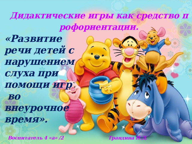 Дидактические игры как средство профориентации.   «Развитие речи детей с нарушением слуха при помощи игр во внеурочное время». Воспитатель 4 «а» /2 Трандина Н.Д. 