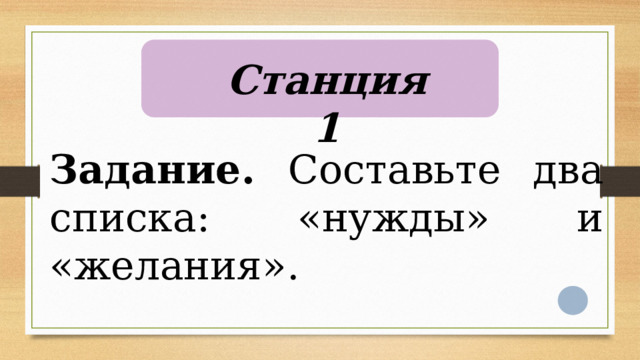 Станция 1 Задание. Составьте два списка: «нужды» и «желания». 
