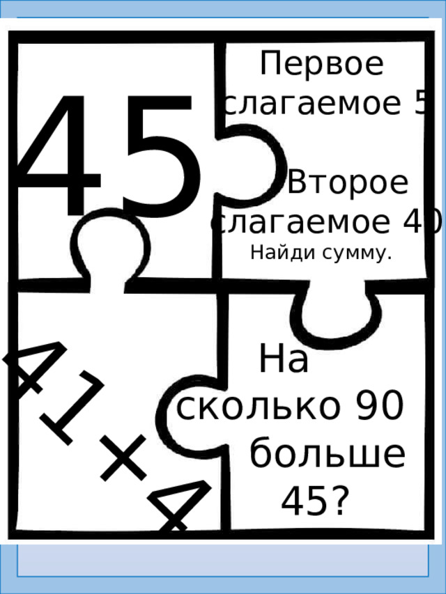 41+4 Первое  слагаемое 5  Второе  слагаемое 40. Найди сумму. 45 На сколько 90  больше  45?  