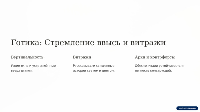 Готика: Стремление ввысь и витражи Вертикальность Витражи Арки и контрфорсы Узкие окна и устремлённые вверх шпили. Рассказывали священные истории светом и цветом. Обеспечивали устойчивость и легкость конструкций. 