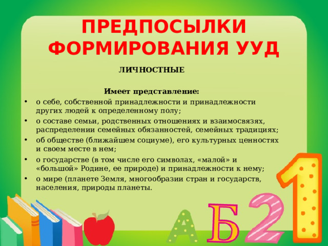 ПРЕДПОСЫЛКИ ФОРМИРОВАНИЯ УУД ЛИЧНОСТНЫЕ  Имеет представление: о себе, собственной принадлежности и принадлежности других людей к определенному полу; о составе семьи, родственных отношениях и взаимосвязях, распределении семейных обязанностей, семейных традициях; об обществе (ближайшем социуме), его культурных ценностях и своем месте в нем; о государстве (в том числе его символах, «малой» и «большой» Родине, ее природе) и принадлежности к нему; о мире (планете Земля, многообразии стран и государств, населения, природы планеты. 
