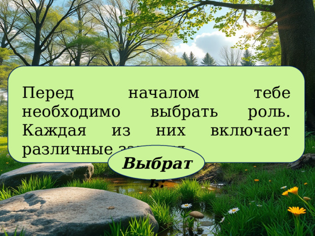 Перед началом тебе необходимо выбрать роль. Каждая из них включает различные задания. Выбрать: 