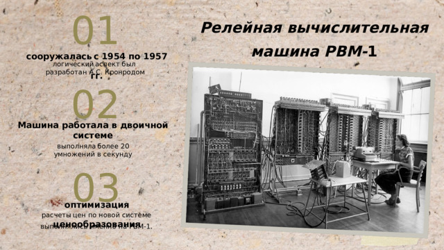01 Релейная вычислительная машина РВМ- 1 сооружалась  с 1954 по 1957 гг. логический  аспект был  разработан А.С. Кронродом 02 Машина работала в двоичной системе выполняла  более 20 умножений в секунду 03 оптимизация  ценообразования расчеты  цен по новой системе выполнялись именно на РВМ-1. 
