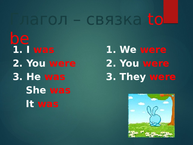 Глагол – связка to be 1. I was 1. We were 2. You were 2. You were 3. He was 3. They were  She was  It was 