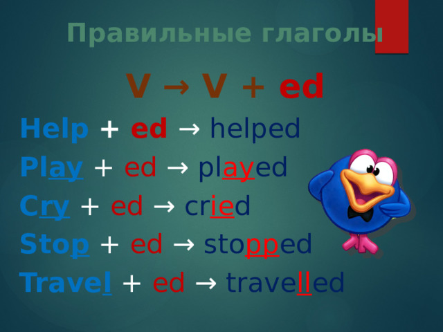 Правильные глаголы V → V + ed Help  +  ed  → helped Pl ay  +  ed  →  pl ay ed C ry +  ed → cr ie d Sto p  +  ed → sto pp ed Trave l  +  ed → trave ll ed 