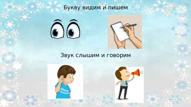 Букву видим и пишем Звук слышим и говорим 