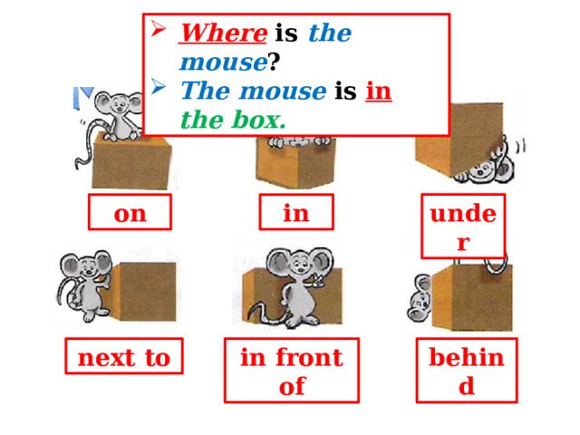 Where is the mouse ? The mouse is in  the box. on in under in front of behind next to 