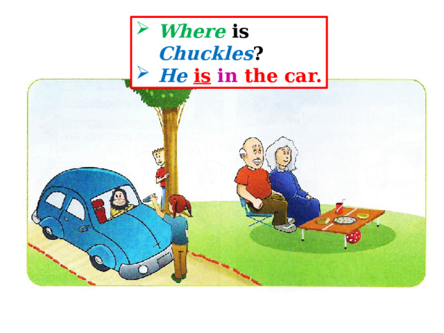 Where is Chuckles ? He  is  in the car. 
