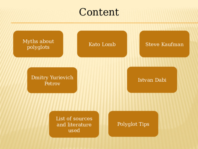 Content Myths about polyglots Kato Lomb Steve Kaufman Istvan Dabi Dmitry Yurievich Petrov List of sources and literature used Polyglot Tips 