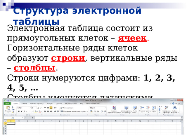 Структура электронной таблицы Электронная таблица состоит из прямоугольных клеток – ячеек . Горизонтальные ряды клеток образуют строки , вертикальные ряды – столбцы . Строки нумеруются цифрами: 1, 2, 3 ,  4,  5, … Столбцы именуются латинскими буквами: A , B, AA, AB,  …,  AZ, BA,  BB,  …,  BZ,  CA  … 