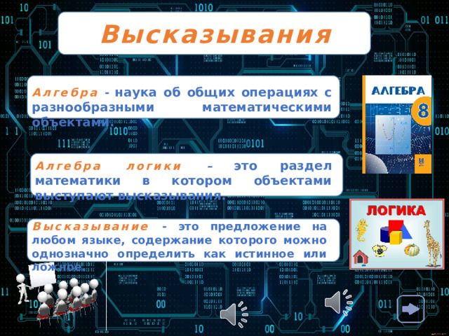 Высказывания Алгебра  - наука об общих операциях с разнообразными математическими объектами. Алгебра логики –  это раздел математики в котором объектами выступают высказывания. Высказывание  - это предложение на любом языке, содержание которого можно однозначно определить как истинное или ложное. 