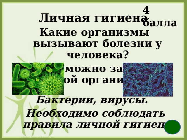 4 балла Личная гигиена Какие организмы вызывают болезни у человека?   Как можно защитить свой организм? Бактерии, вирусы. Необходимо соблюдать правила личной гигиены 