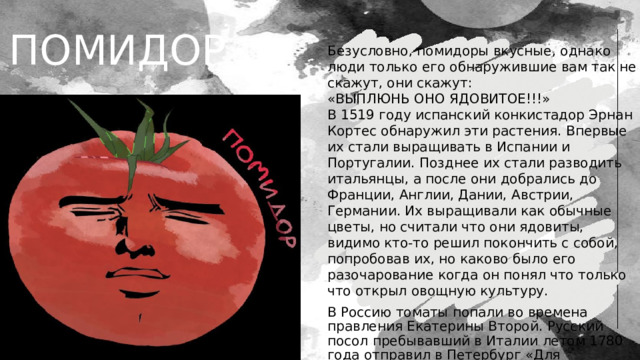 ПОМИДОР Безусловно, помидоры вкусные, однако люди только его обнаружившие вам так не скажут, они скажут: «ВЫПЛЮНЬ ОНО ЯДОВИТОЕ!!!» В 1519 году испанский конкистадор Эрнан Кортес обнаружил эти растения. Впервые их стали выращивать в Испании и Португалии. Позднее их стали разводить итальянцы, а после они добрались до Франции, Англии, Дании, Австрии, Германии. Их выращивали как обычные цветы, но считали что они ядовиты, видимо кто-то решил покончить с собой, попробовав их, но каково было его разочарование когда он понял что только что открыл овощную культуру. В Россию томаты попали во времена правления Екатерины Второй. Русский посол пребывавший в Италии летом 1780 года отправил в Петербург «Для высочайшей пробы» партию заморского «фрукта». 