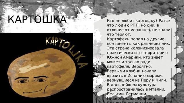 КАРТОШКА Кто не любит картошку? Разве что люди с РПП, но они, в отличие от испанцев, не знали что теряют. Картофель попал на другие континенты как раз через них. Эта страна колонизировала практически всю территорию Южной Америки, кто знает может и только ради картофеля. Вероятно, первыми клубни начали ввозить в Испанию моряки, вернувшиеся из Перу и Чили. В дальнейшем культура распространилась в Италии, Бельгии, Германии, Нидерландах, Франции, Великобритании и других европейских странах. 