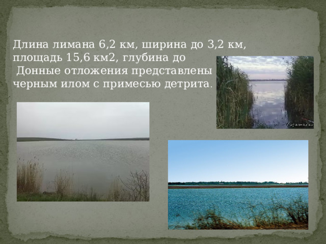 Длина лимана 6,2 км, ширина до 3,2 км, площадь 15,6 км2, глубина до  Донные отложения представлены черным илом с примесью детрита . 