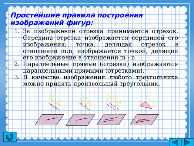 Простейшие правила построения изображений фигур: За изображение отрезка принимается отрезок. Середина отрезка изображается серединой его изображения; точка, делящая отрезок в отношении m:n, изображается точкой, делящей его изображение в отношении m : n. Параллельные прямые (отрезки) изображаются параллельными прямыми (отрезками). В качестве изображения любого треугольника можно принять произвольный треугольник. 8 