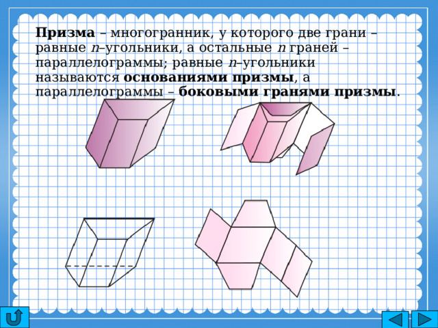 Призма – многогранник, у которого две грани – равные n –угольники, а остальные n граней – параллелограммы; равные n –угольники называются основаниями призмы , а параллелограммы – боковыми гранями призмы . 