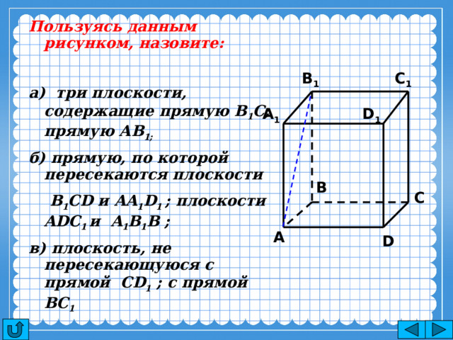 Пользуясь данным рисунком, назовите:  а) три плоскости, содержащие прямую В 1 С; прямую АВ 1; б) прямую, по которой пересекаются плоскости  B 1 CD и AA 1 D 1 ; плоскости ADC 1 и A 1 B 1 B ; в) плоскость, не пересекающуюся с прямой CD 1 ; с прямой BC 1 C 1 B 1 A 1 D 1 B C A D 