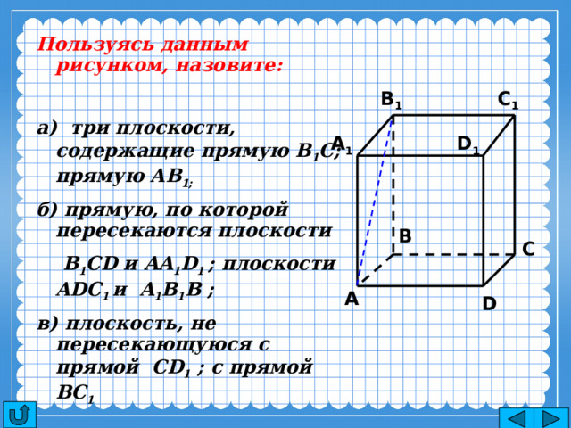 Пользуясь данным рисунком, назовите:  а) три плоскости, содержащие прямую В 1 С; прямую АВ 1; б) прямую, по которой пересекаются плоскости  B 1 CD и AA 1 D 1 ; плоскости ADC 1 и A 1 B 1 B ; в) плоскость, не пересекающуюся с прямой CD 1 ; с прямой BC 1 C 1 B 1 A 1 D 1 B C A D 