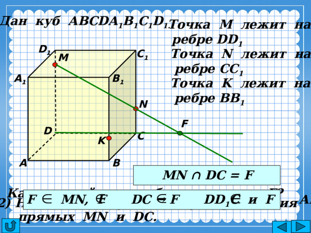 Дан куб АВСDA 1 B 1 C 1 D 1. Точка М лежит на  ребре DD 1 D 1 С 1 Точка N лежит на  ребре CC 1 M В 1 А 1 Точка K лежит на  ребре BB 1 N F D С K В А MN ∩ DC = F Каким свойством обладает точка F? F MN, F DC → F DD 1 C и F АВС 2) Найдите точку F – точку пересечения  прямых MN и DС. 