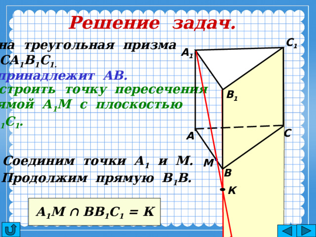 Решение задач. С 1 Дана треугольная призма АВСА 1 В 1 С 1.  М принадлежит АВ. Построить точку пересечения прямой А 1 М с плоскостью ВВ 1 С 1 . А 1 В 1 С А 1) Соединим точки А 1 и М. М В 2) Продолжим прямую В 1 В. К А 1 М ∩ ВВ 1 С 1 = К 