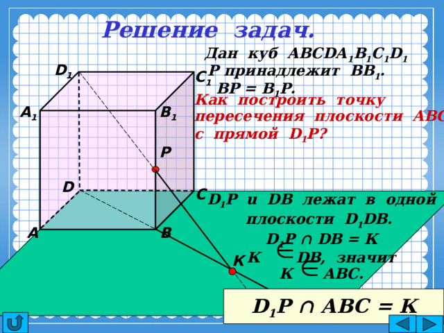 Решение задач. Дан куб АВСDА 1 В 1 С 1 D 1 D 1 Р принадлежит ВВ 1 . С 1 ВР = В 1 Р. Как построить точку пересечения плоскости АВС с прямой D 1 P? А 1 В 1 Р D С D 1 Р u DB лежат в одной плоскости D 1 DB. D 1 P ∩ DB = К К DB, значит К АВС.  А В К D 1 P ∩ АВС = К 