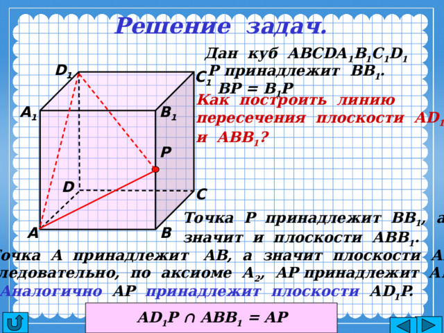 Решение задач. Дан куб АВСDА 1 В 1 С 1 D 1 D 1 Р принадлежит ВВ 1 . С 1 ВР = В 1 Р Как построить линию пересечения плоскости АD 1 Р и АВВ 1 ? А 1 В 1 Р D С Точка Р принадлежит ВВ 1 , а значит и плоскости АВВ 1 . В А Точка А принадлежит АВ, а значит плоскости АВВ 1  Следовательно, по аксиоме А 2 , АР принадлежит АВВ 1 . Аналогично АР принадлежит плоскости АD 1 P. АD 1 P ∩ ABB 1 = AP 