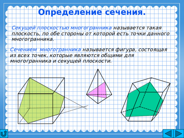 Определение сечения. Секущей плоскостью многогранника называется такая плоскость, по обе стороны от которой есть точки данного многогранника. Сечением многогранника называется фигура, состоящая из всех точек, которые являются общими для многогранника и секущей плоскости. 