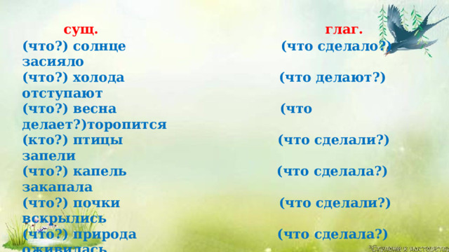   сущ.   глаг. (что?) солнце (что сделало?) засияло (что?) холода (что делают?) отступают (что?) весна (что делает?)торопится (кто?) птицы (что сделали?) запели (что?) капель (что сделала?) закапала (что?) почки (что сделали?) вскрылись (что?) природа (что сделала?) оживилась (что?) ручейки (что сделали?) зазвенели (что?) цветы (что делают?) появляются  Для чего автор использует столько глаголов?  