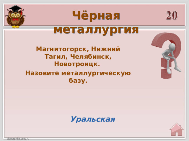 Чёрная металлургия Магнитогорск, Нижний Тагил, Челябинск, Новотроицк. Назовите металлургическую базу. Уральская 