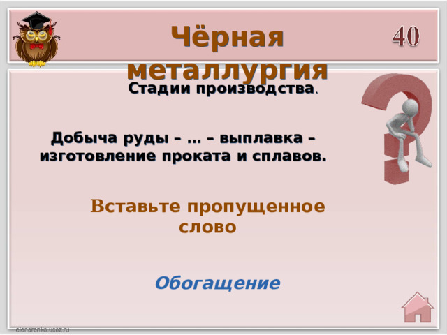 Чёрная металлургия Стадии производства . Добыча руды – … – выплавка – изготовление проката и сплавов. В ставьте пропущенное слово Обогащение 